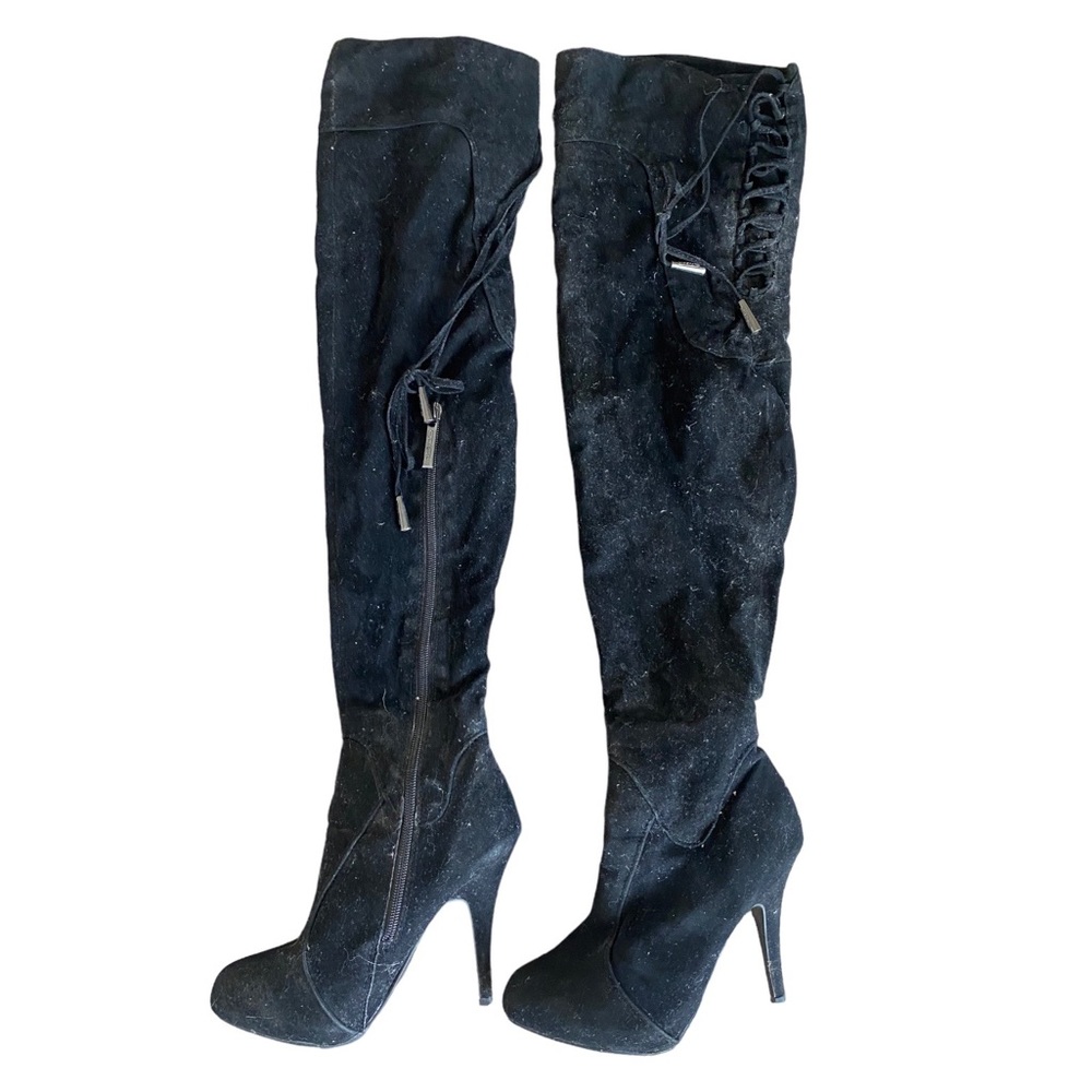 Shiekh | Black faux suede thigh high over the knee stiletto heel boots size 7